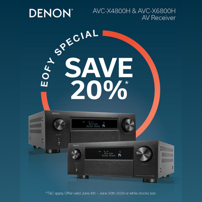 Denon AV receivers with a 20% save offer on a blue background