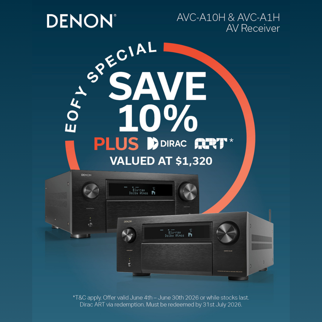 Denon AV receiver with promotional text on a blue background