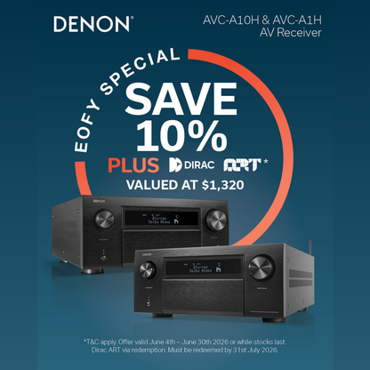 Denon AV receiver with promotional text on a blue background