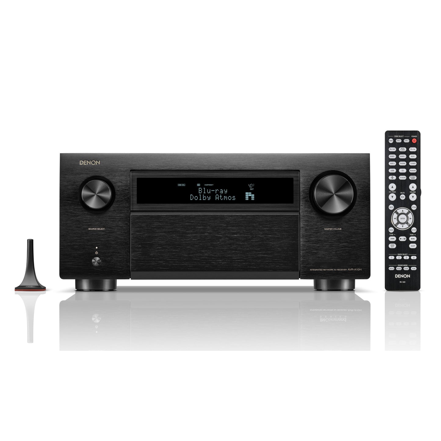 Denon AVC-A10H 8K Home Theatre Amplifier with remote control on white background