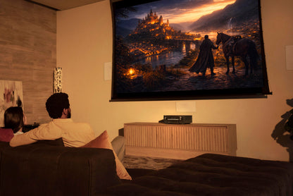 Two people sitting on a couch watching a movie or TV show projected onto a wall.