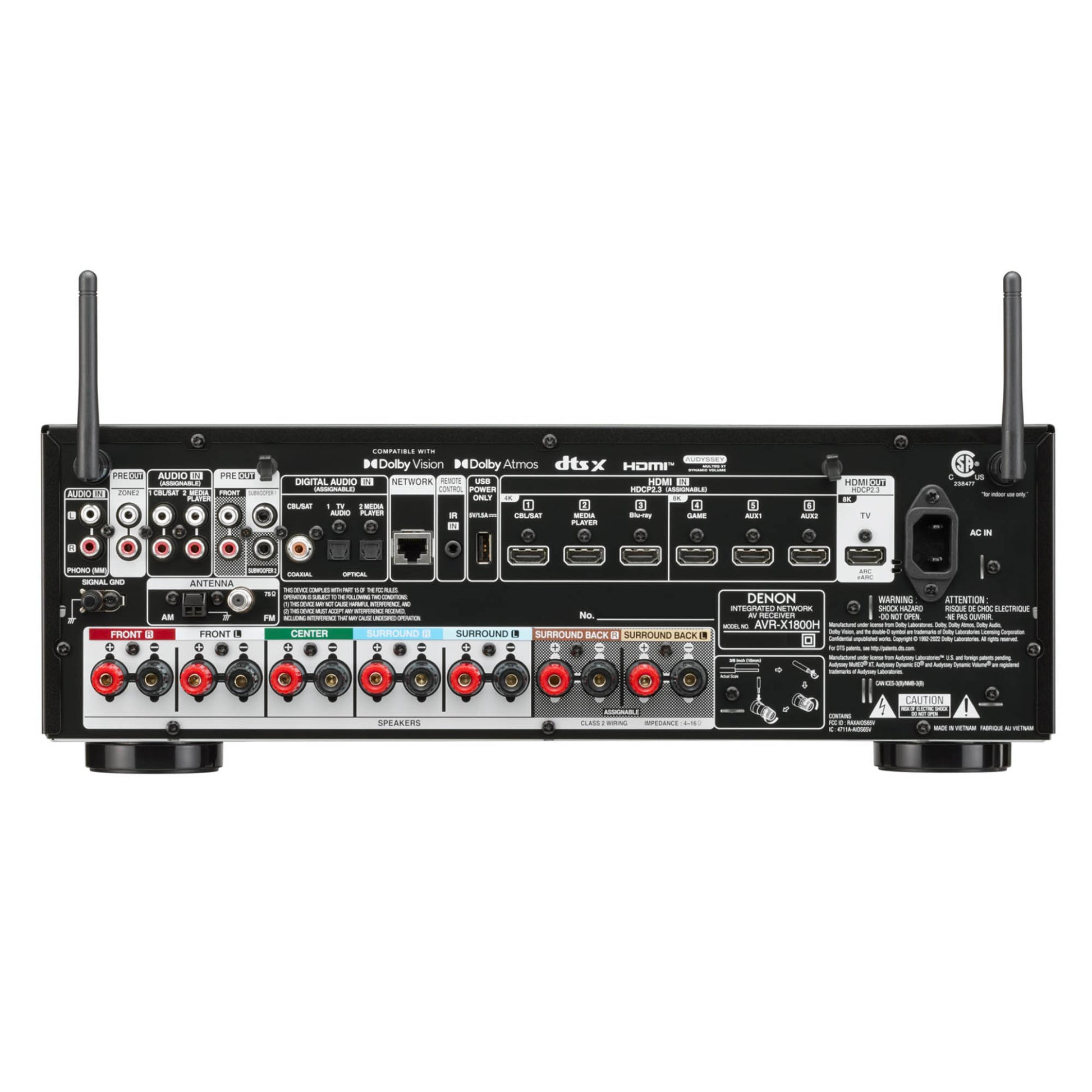 Back of Denon AVR-X1800H 8K Home Theatre Receiver on a white background