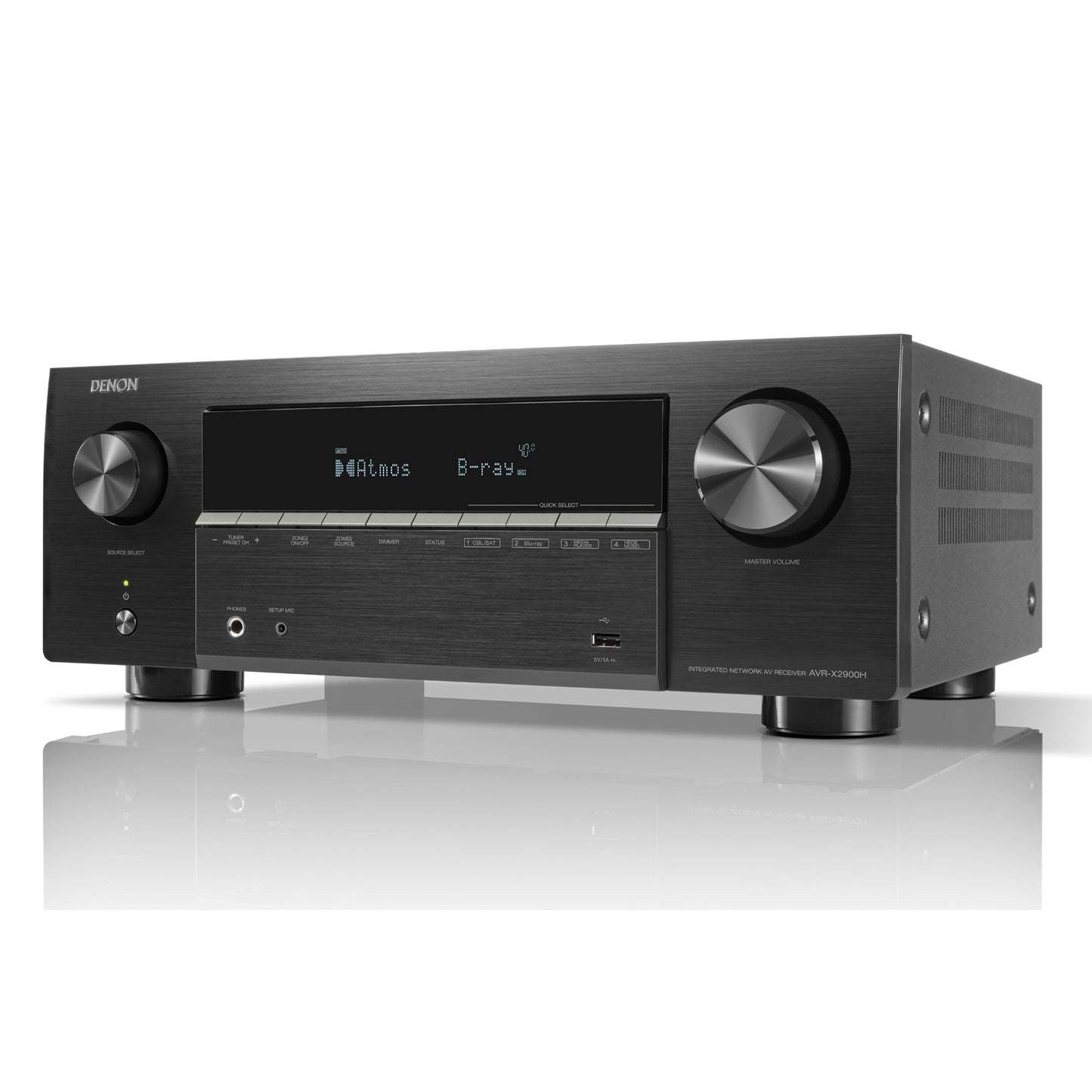 Front angle view of black Denon AVR-X2900H 7.2 Channel 8K AV Receiver on white background