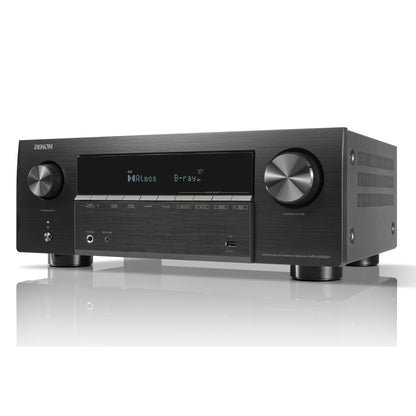 Front angle view of black Denon AVR-X2900H 7.2 Channel 8K AV Receiver on white background