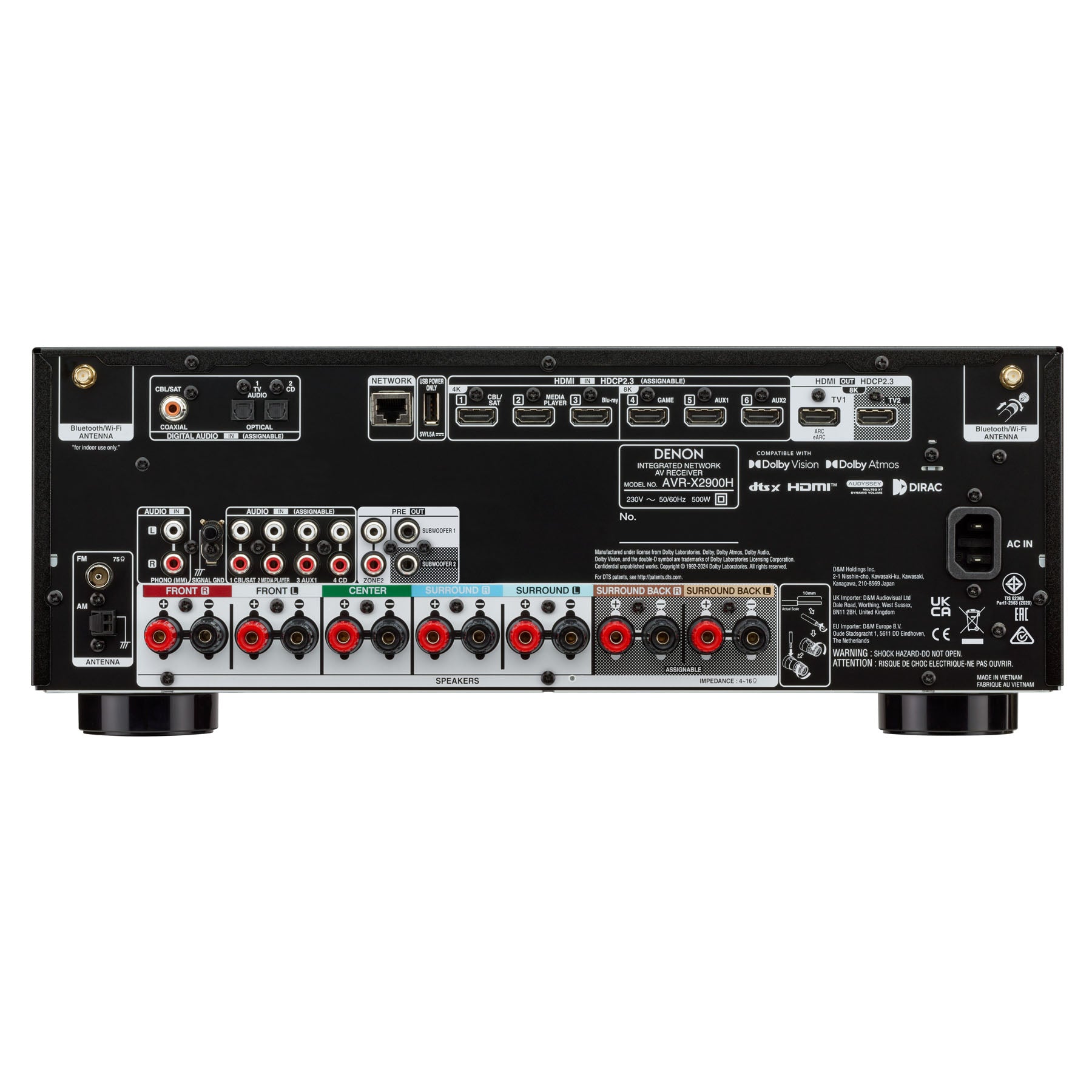 Back view of Denon AVR-X2900H 7.2 Channel 8K AV Receiver