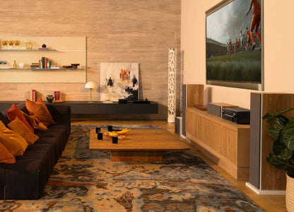 Modern living room with a TV, sofa, and decorative items.