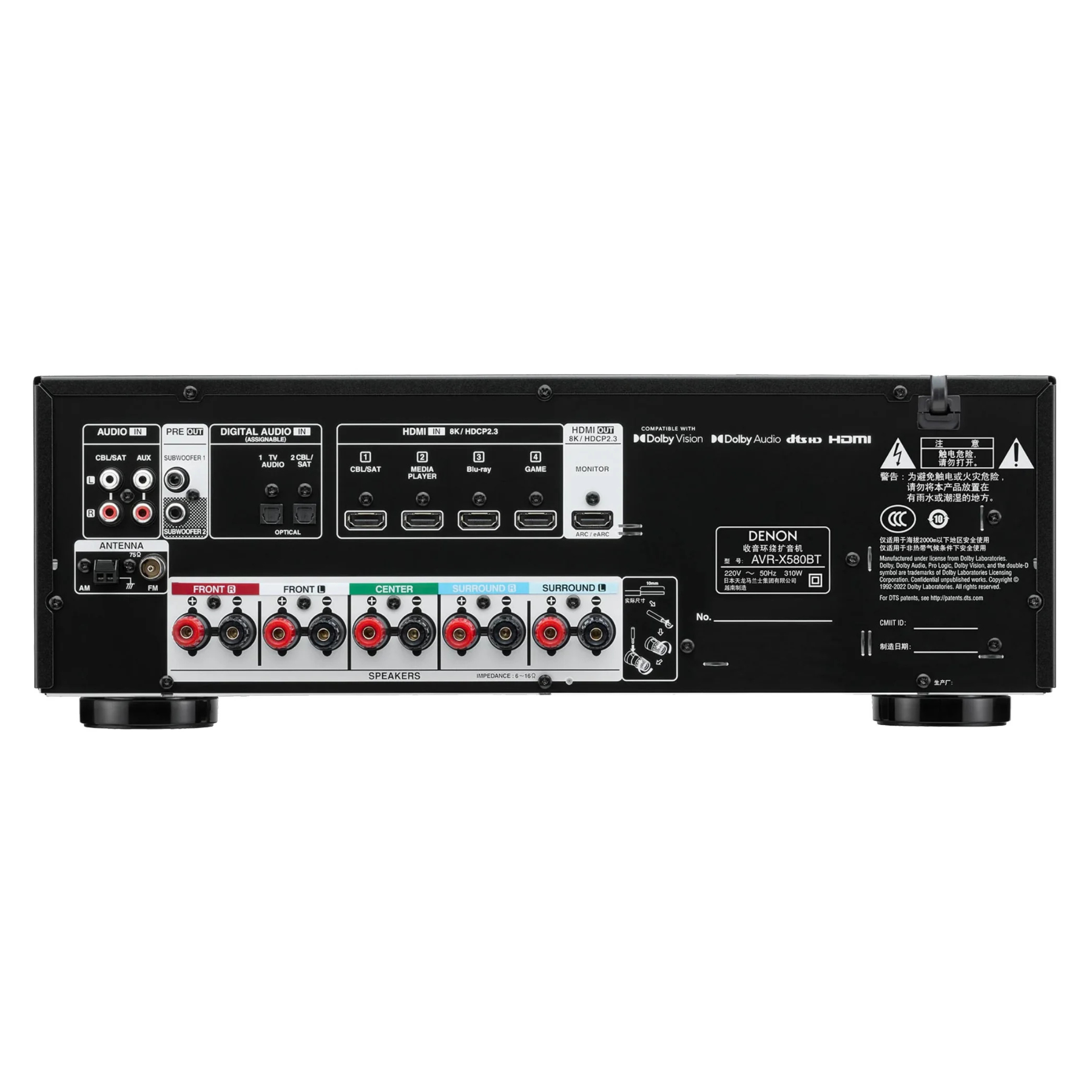Back view of Denon AVR-X580BT 5.2 Channel 8K Home Theatre Receiver