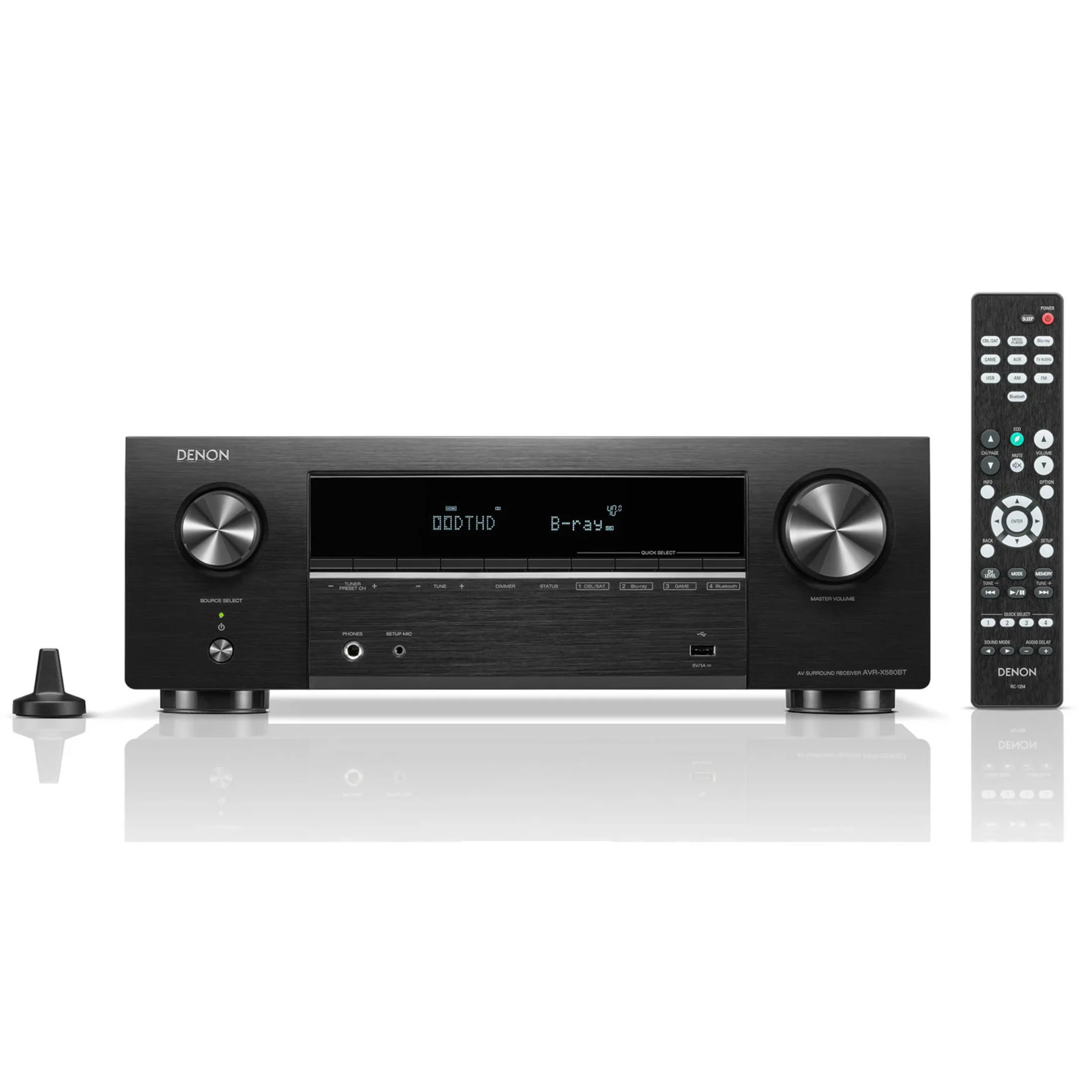 Front view of Denon AVR-X580BT 5.2 Channel 8K Home Theatre Receiver with remote control