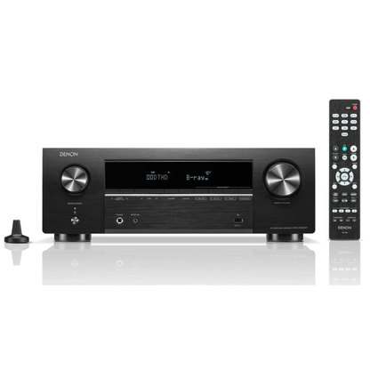 Front view of Denon AVR-X580BT 5.2 Channel 8K Home Theatre Receiver with remote control