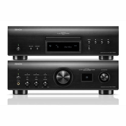 Two black Denon audio components on a white background