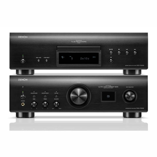 Two black Denon audio components on a white background