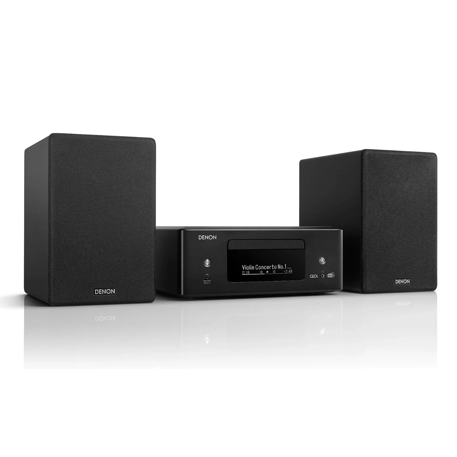 Denon audio system with two speakers and a receiver on a white background