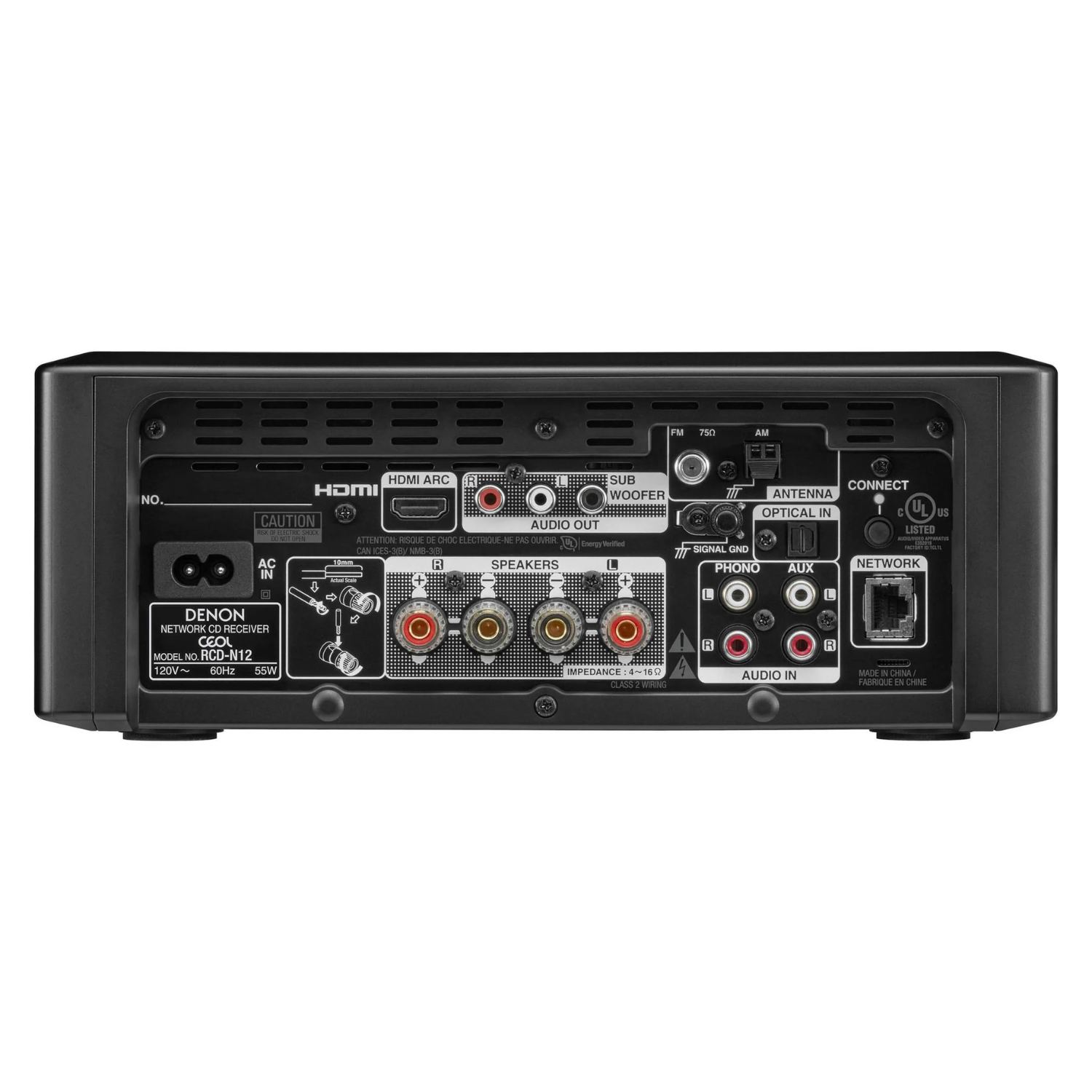 Back panel of a Denon home theater receiver with various connectivity ports on a white background.