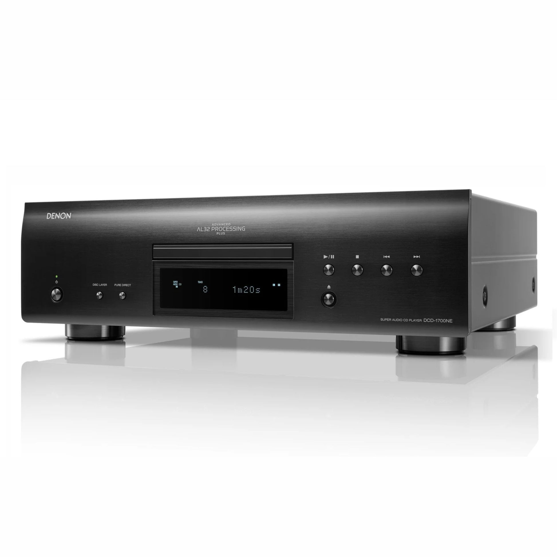 Black Denon audio component on a white background