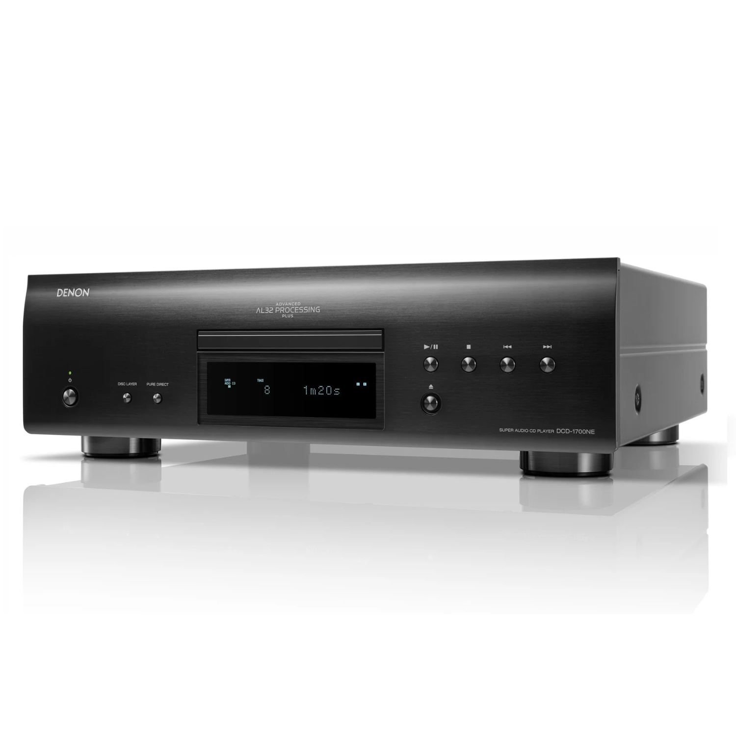 Front angle of black Denon DCD-1700NE CD/SACD Player