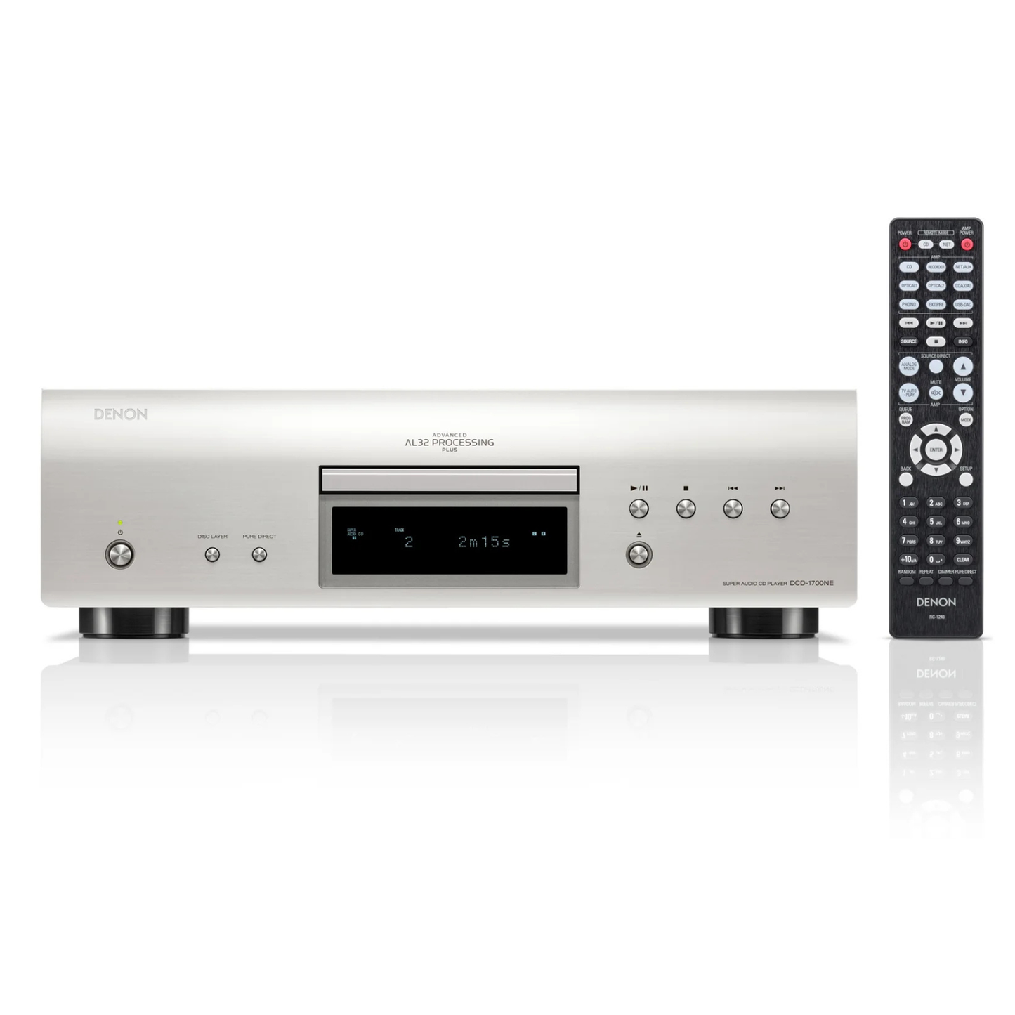 Front view of silver Denon DCD-1700NE CD/SACD Player with remote control