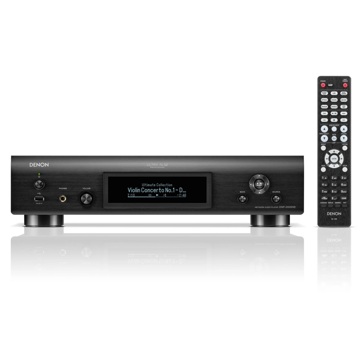 Front view of black Denon DNP-2000NE Network Music Player with remote control