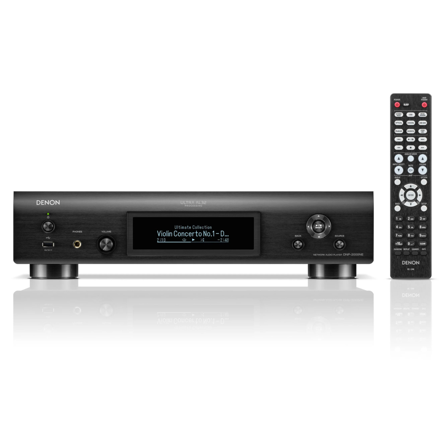Front view of black Denon DNP-2000NE Network Music Player with remote control