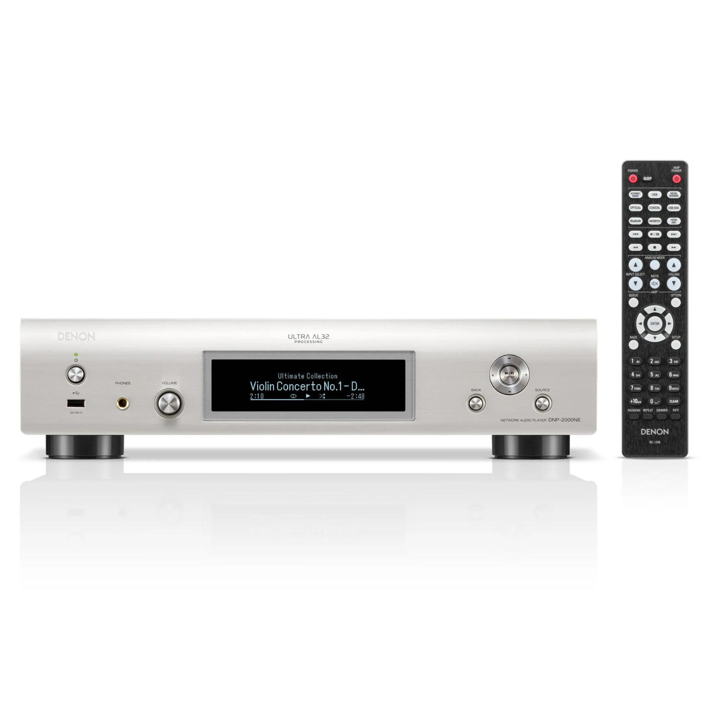 Front view of silver Denon DNP-2000NE Network Music Player with remote control