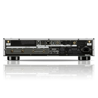 Back view of a Denon audio equipment unit on a white background