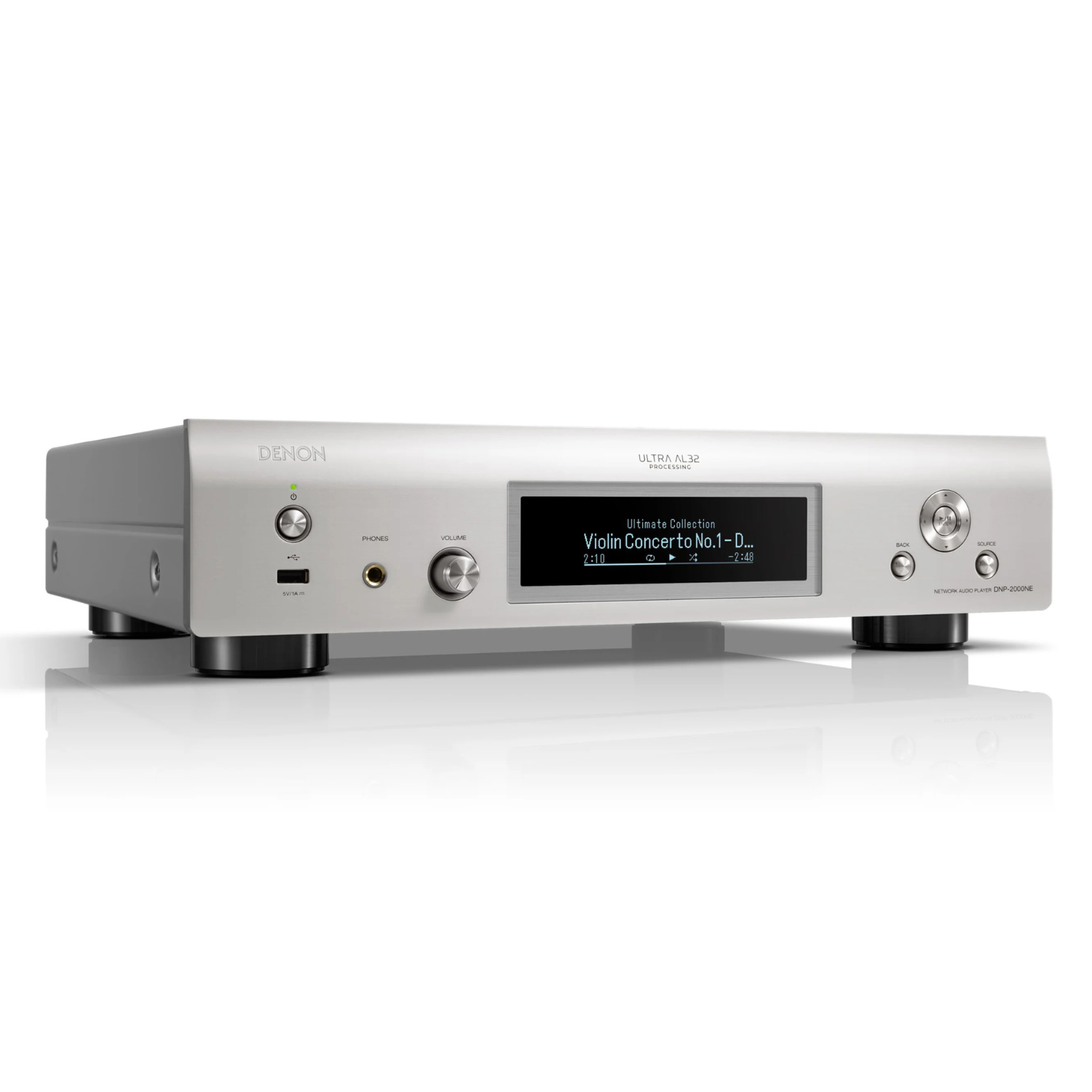 Front angle view of Denon DNP-2000NE Network Music Player in silver