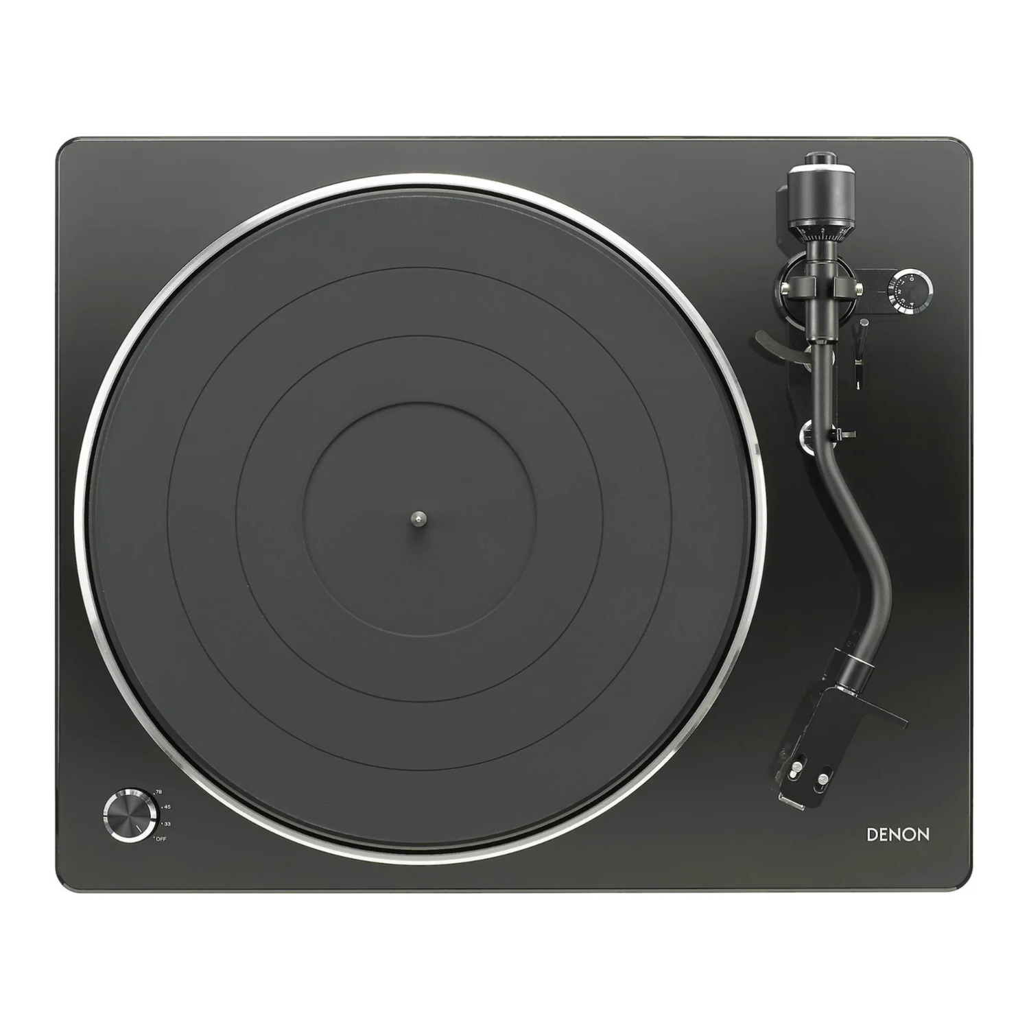 Black Denon turntable on a white background