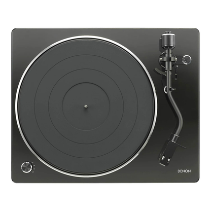 Black Denon turntable on a white background