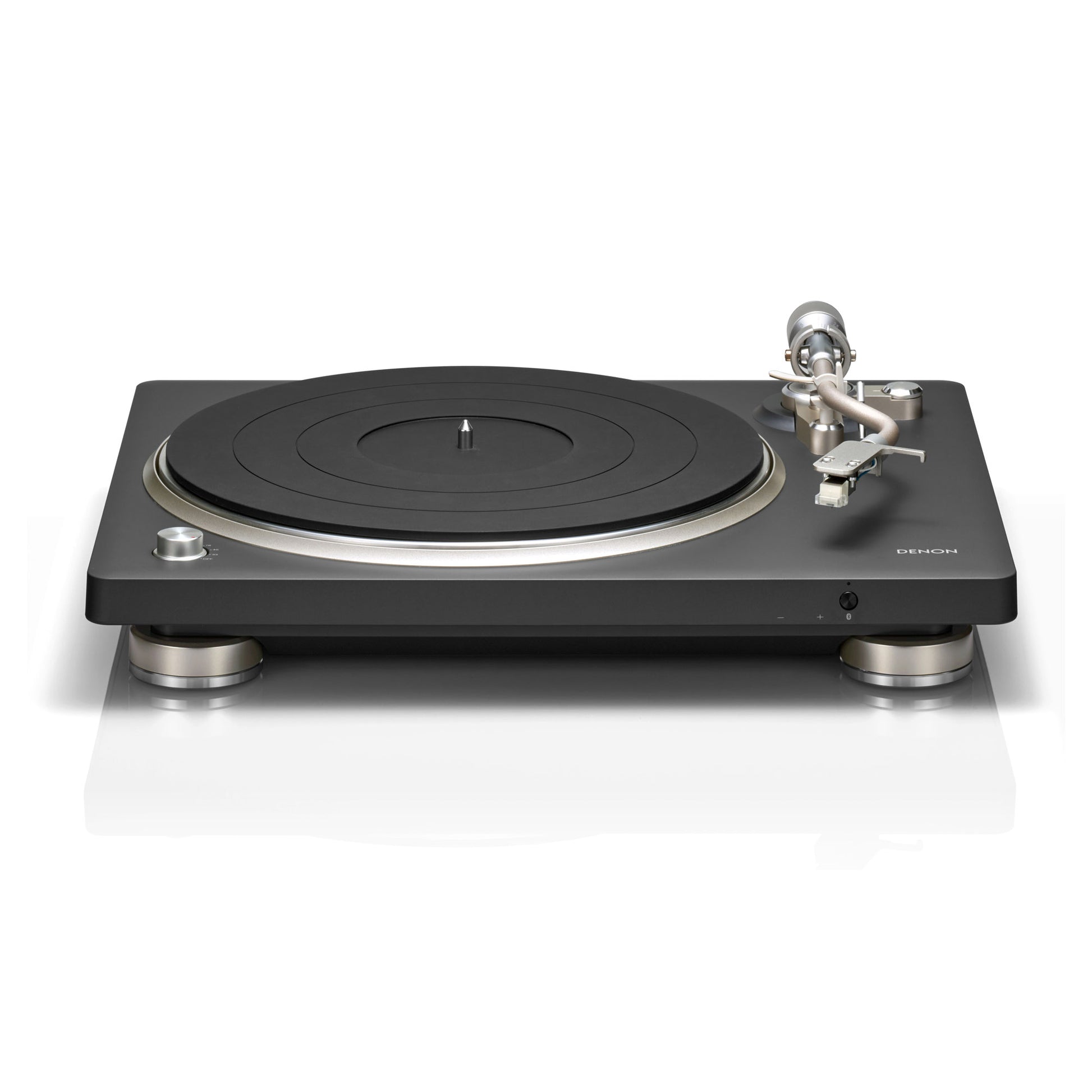 Front view of Denon DP-500BT Turntable on white background