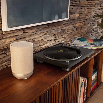 Turntable on a wooden shelf with a speaker and framed picture in the background.