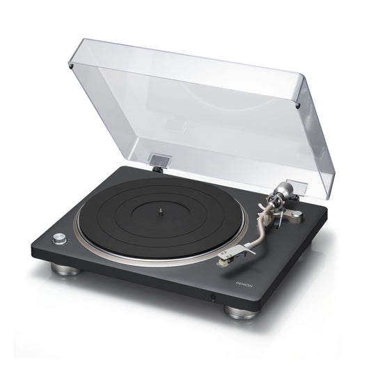 Denon DP-500BT Turntable with lid open on white background