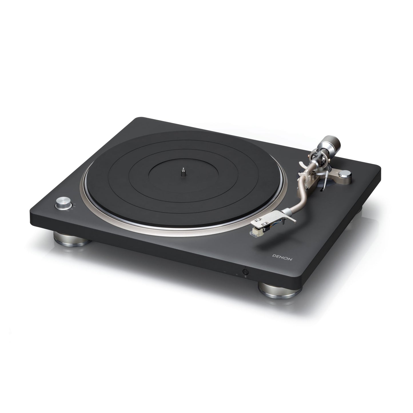 Front angle of Denon DP-500BT Turntable on white background