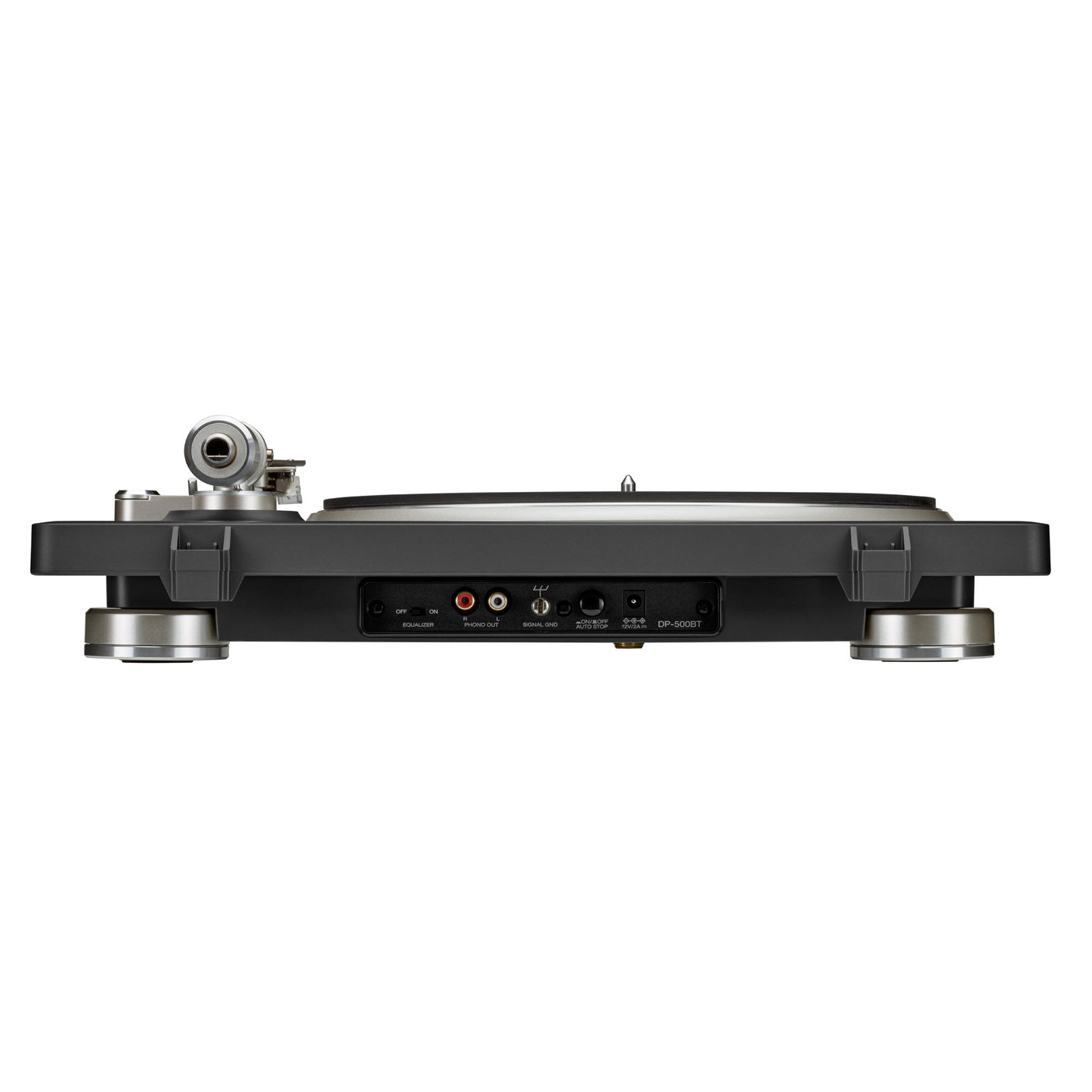 Back view of Denon DP-500BT Turntable on white background