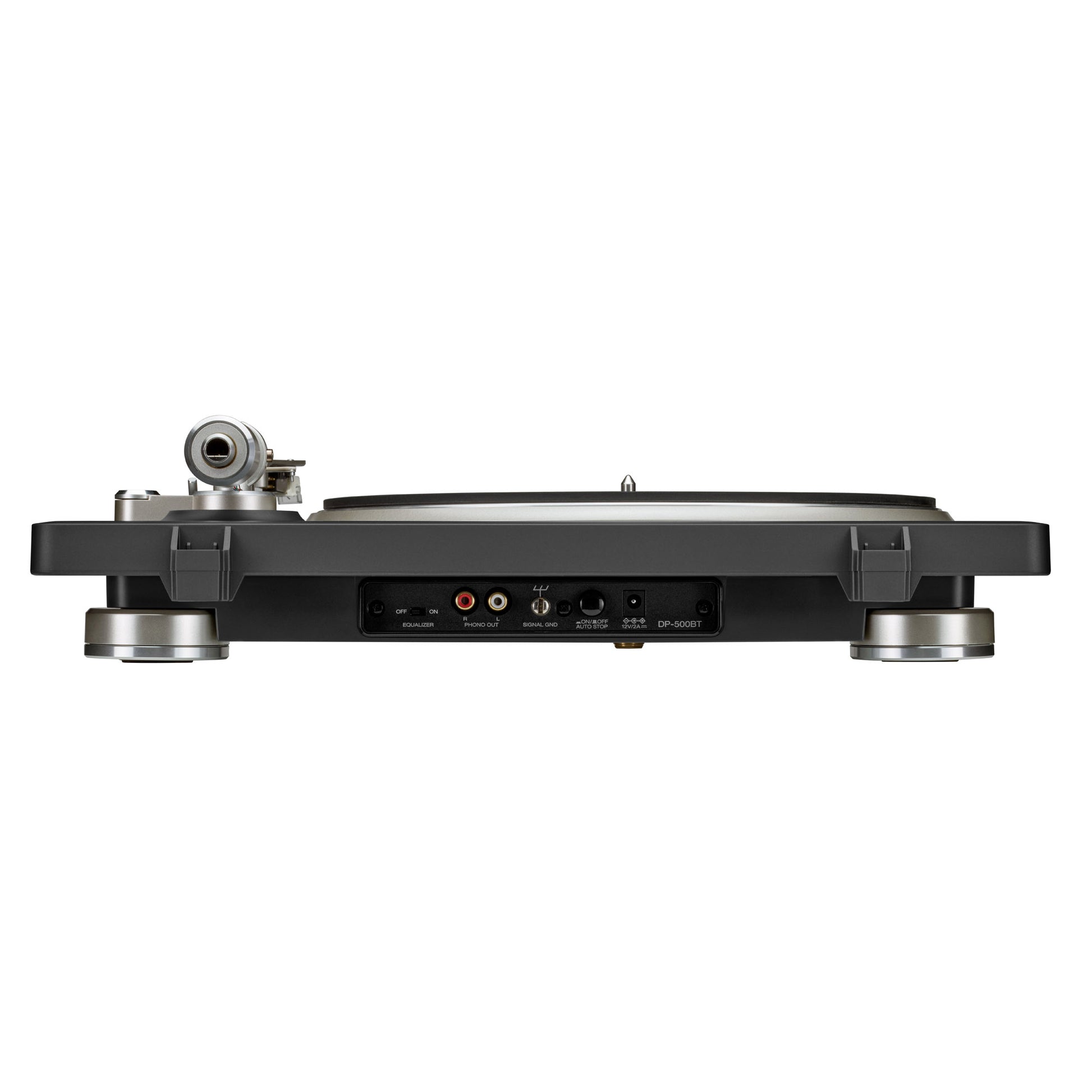 Back view of Denon DP-500BT Turntable on white background