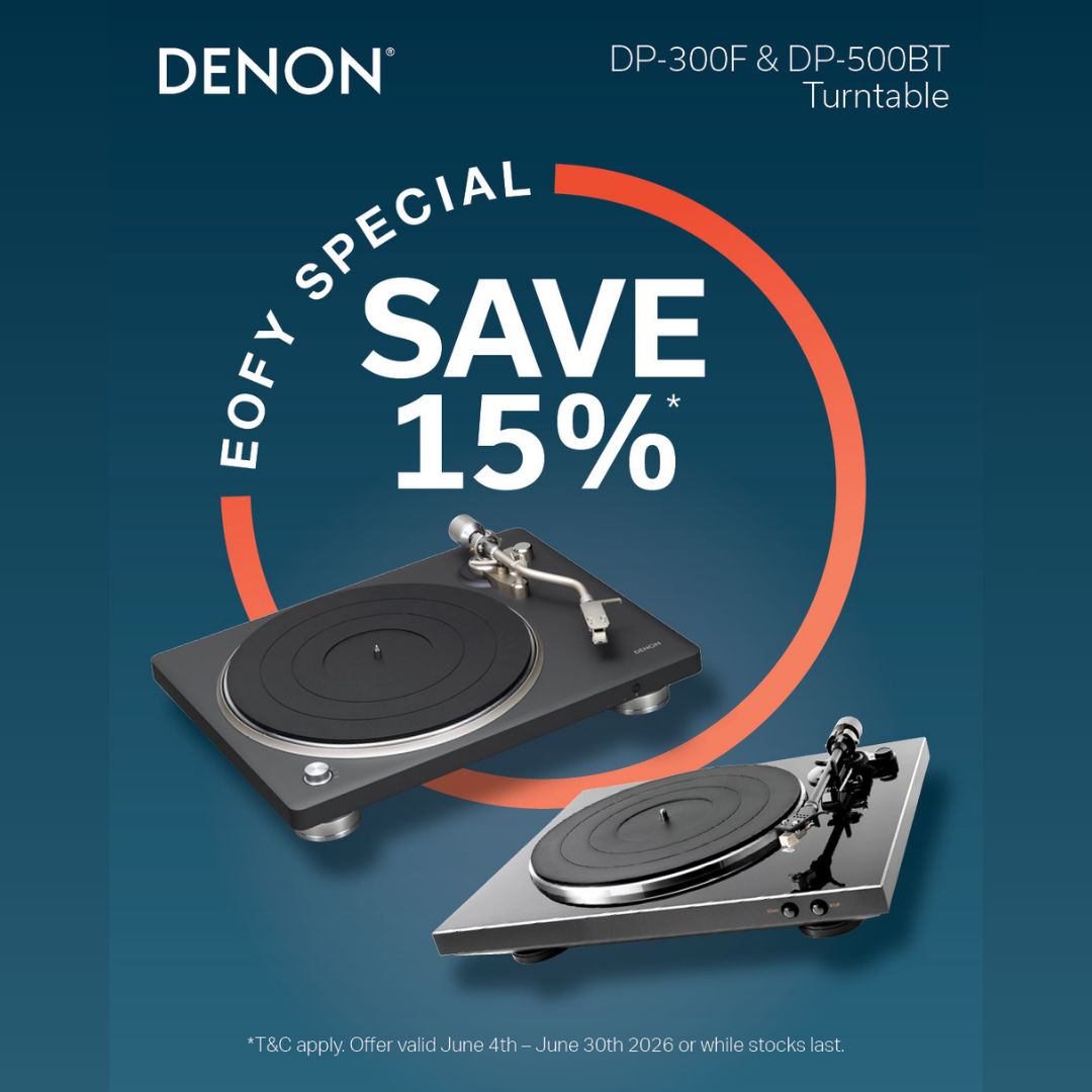 Denon turntables with a promotional message on a blue background