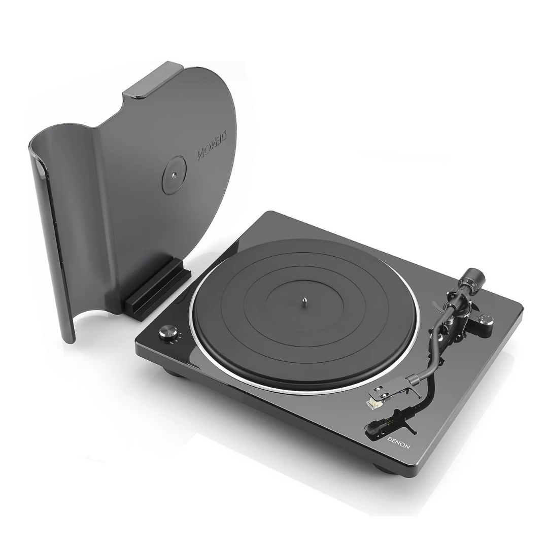 Denon DP-400 Turntable with a dust cover on a white background