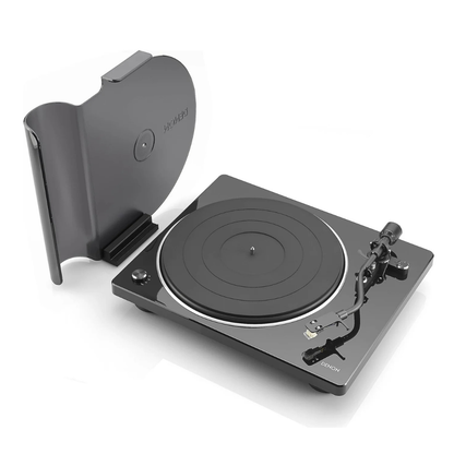 Denon DP-400 Turntable with a dust cover on a white background