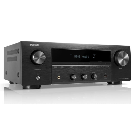 Front angle of black Denon DRA-900H Stereo Network Receiver