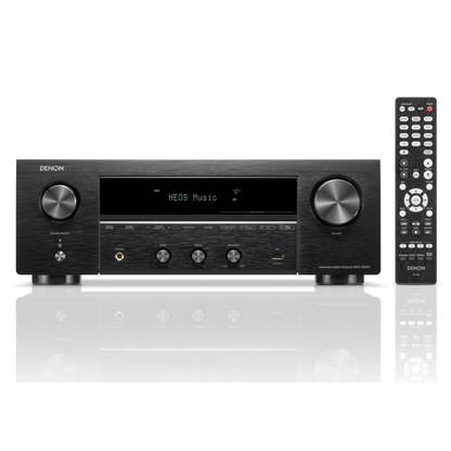 Front view of black Denon DRA-900H Stereo Network Receiver with remote control