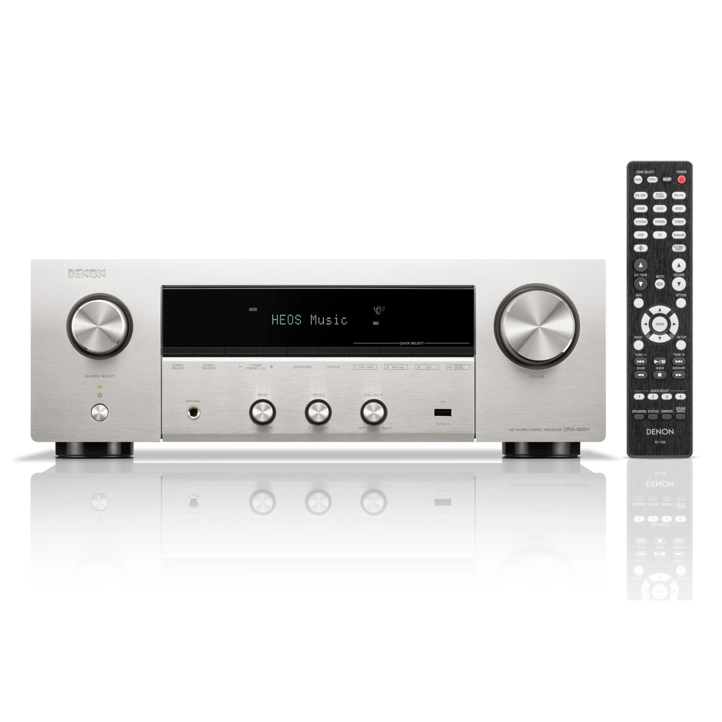 Front view of silver Denon DRA-900H Stereo Network Receiver with remote control