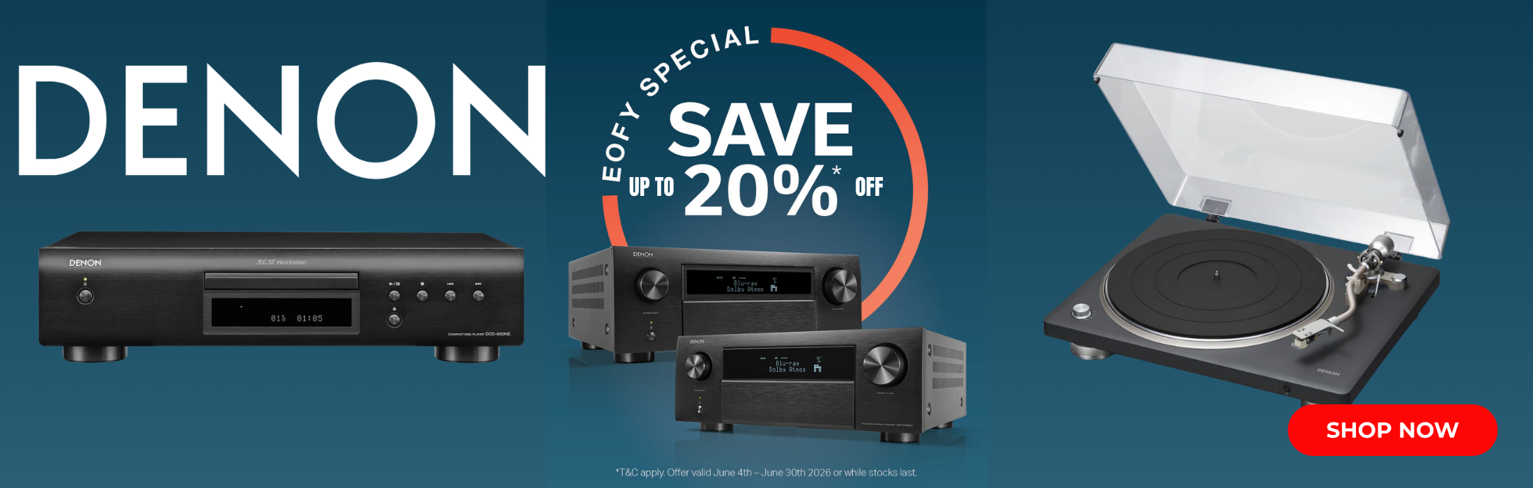 Denon audio equipment with a 'Save 20%' offer on a blue background