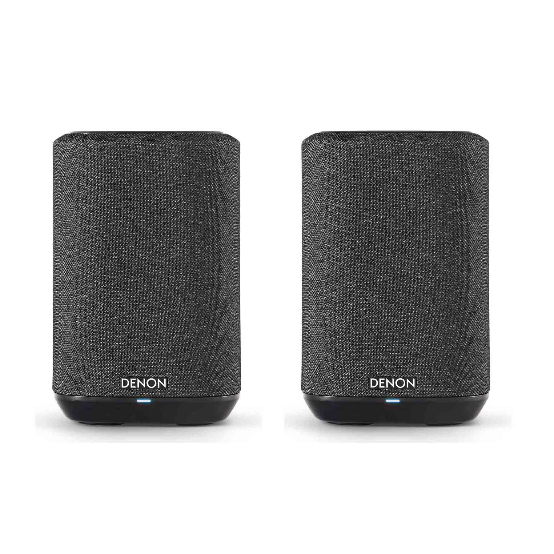 A pair of Denon Home 150 NV wireless speakers in gray color with a fabric finish, standing upright on a white background.