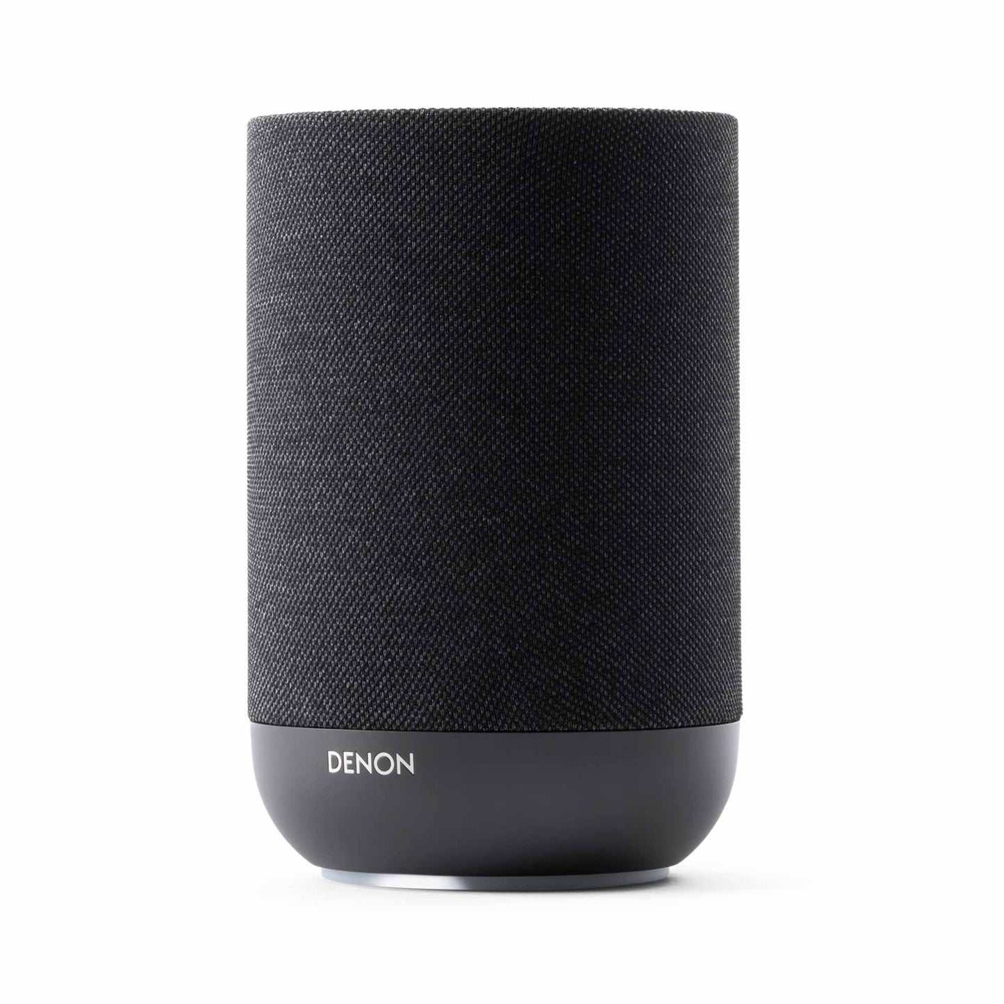 Angle view of black Denon Home 200 Speaker on white background