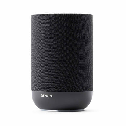 Angle view of black Denon Home 200 Speaker on white background
