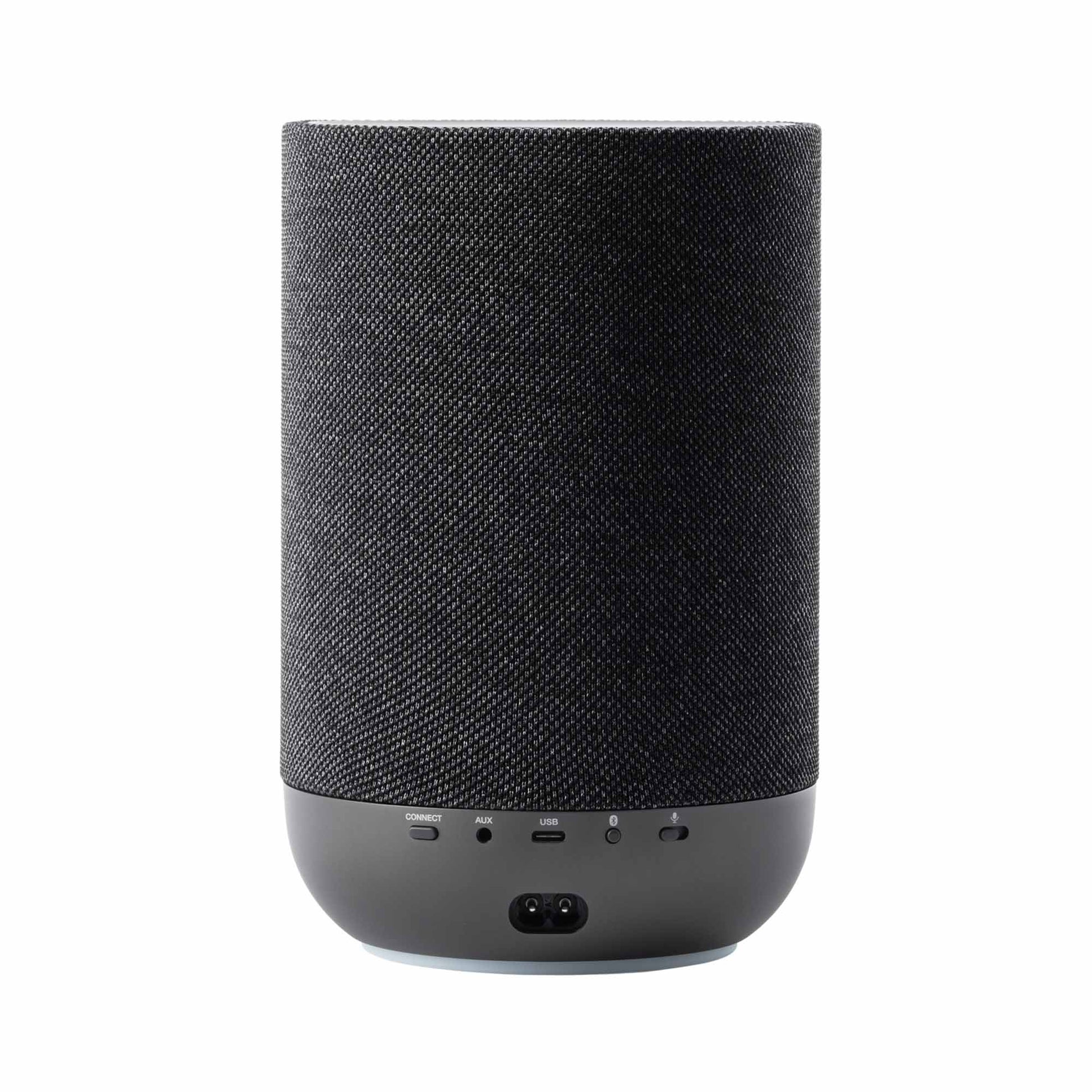 Back view of black Denon Home 200 Speaker on white background