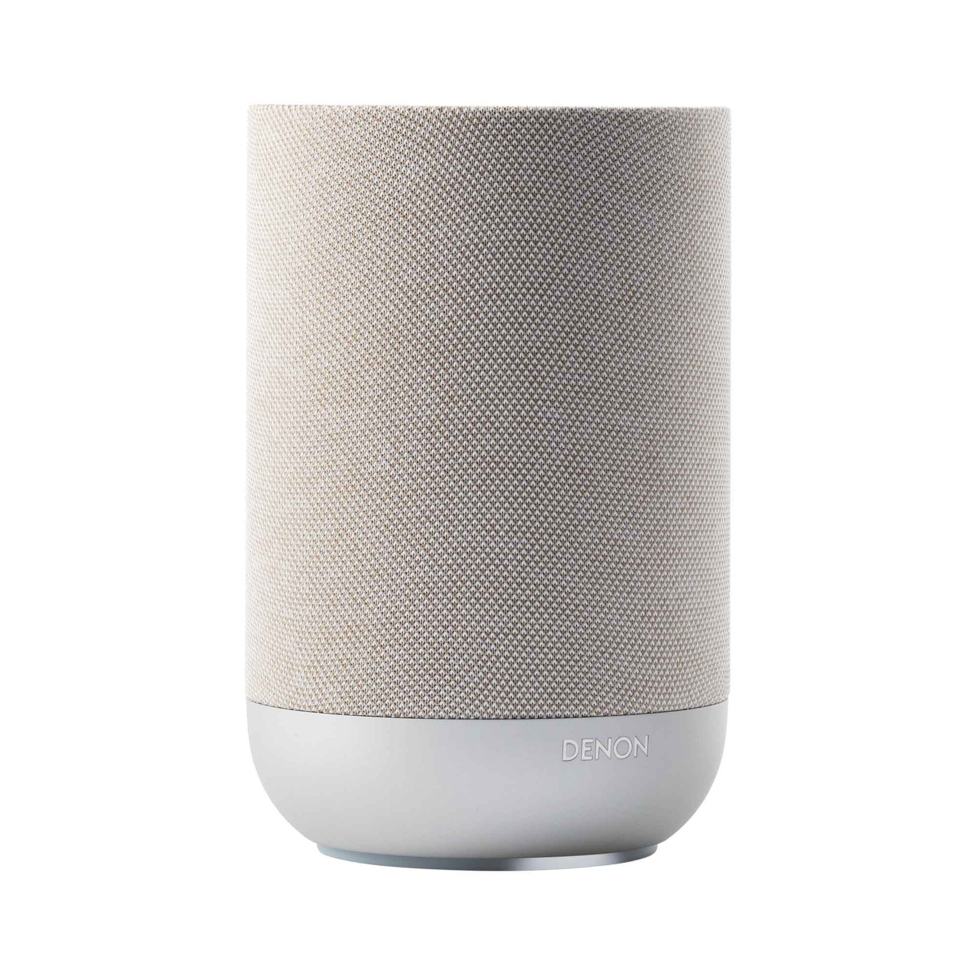 Angle view of white Denon Home 200 Speaker on white background