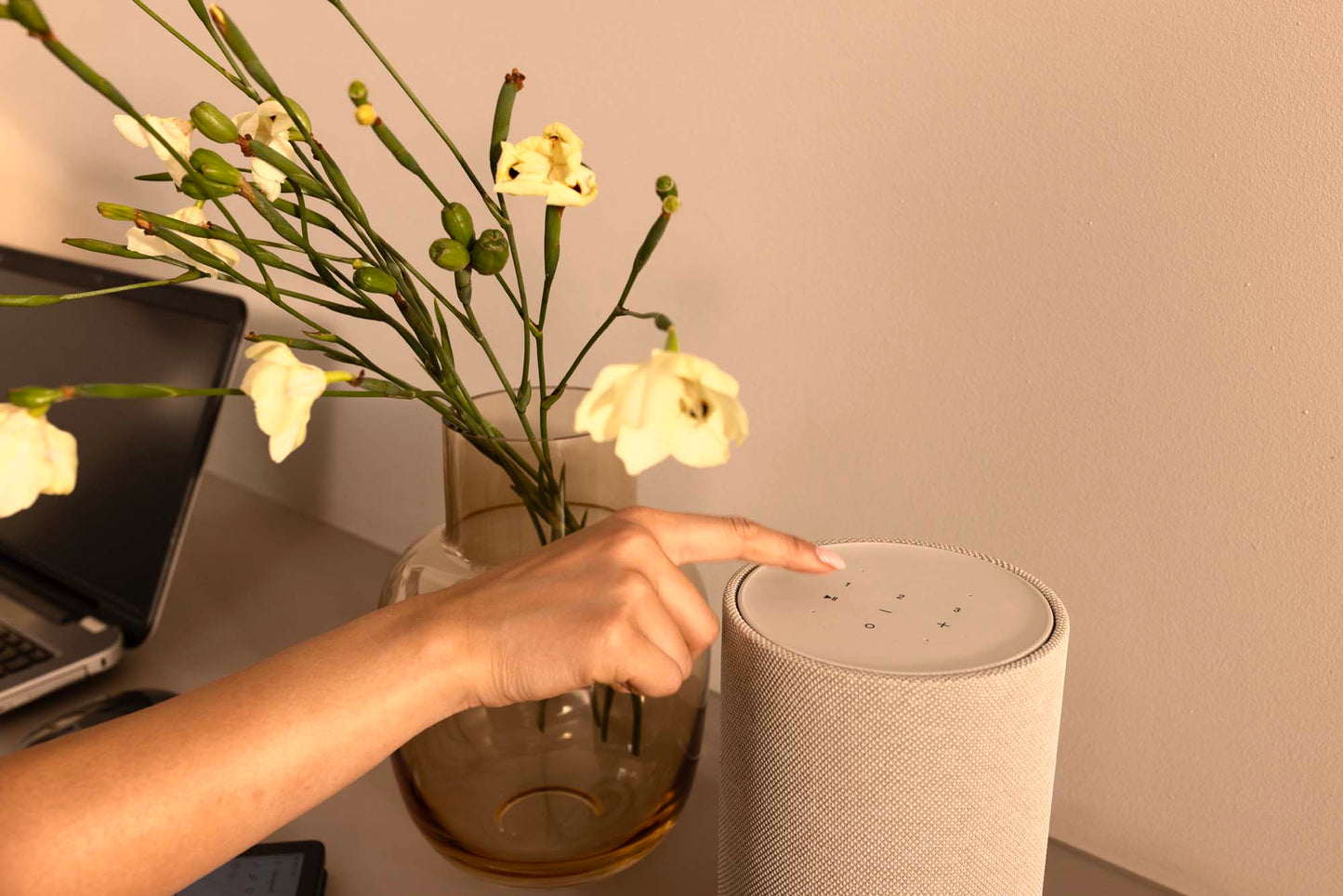 Person interacting with a smart speaker next to a vase of flowers on a desk.
