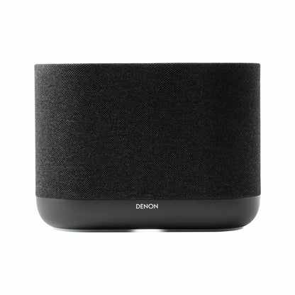 Front view of black Denon Home 400 wireless smart speaker on white background
