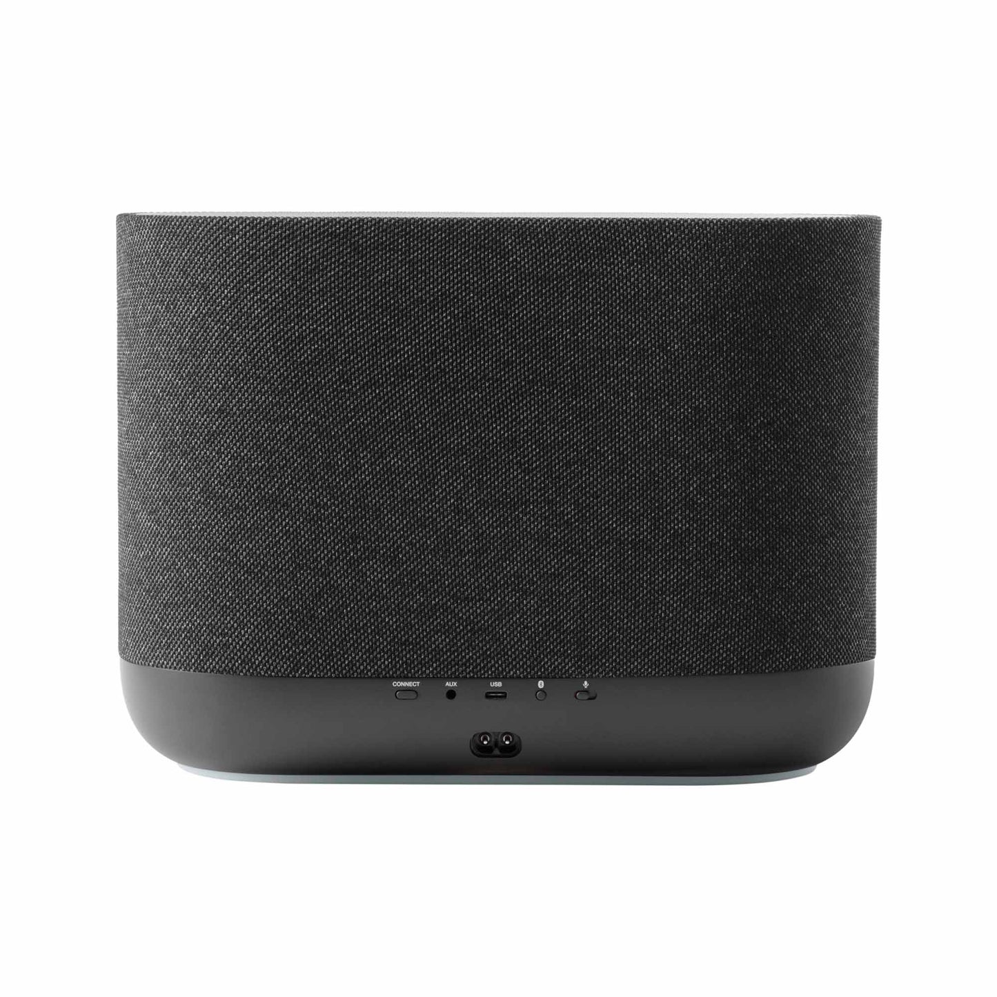 Back view of black Denon Home 400 wireless smart speaker on white background