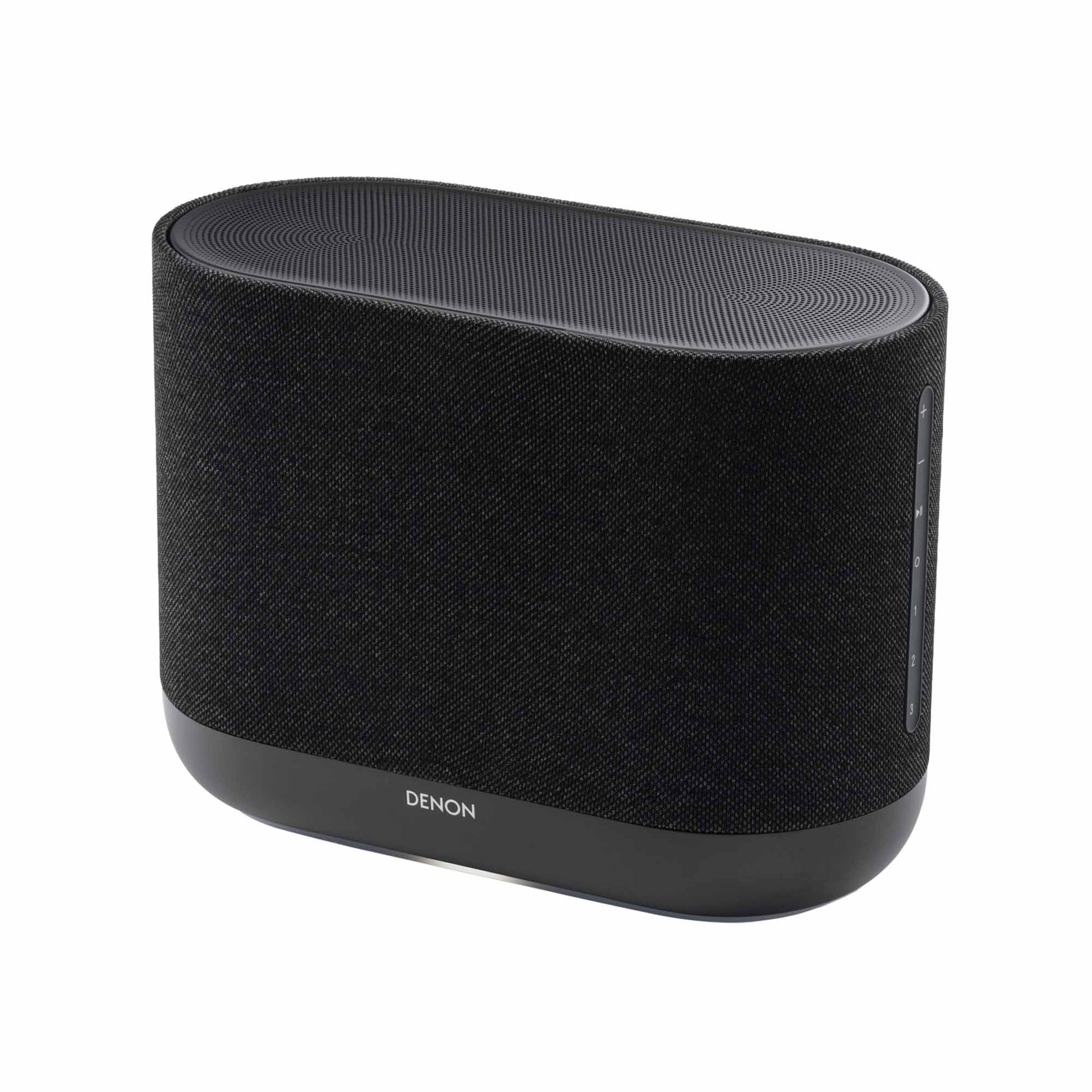 Top angle view of black Denon Home 400 wireless smart speaker on white background