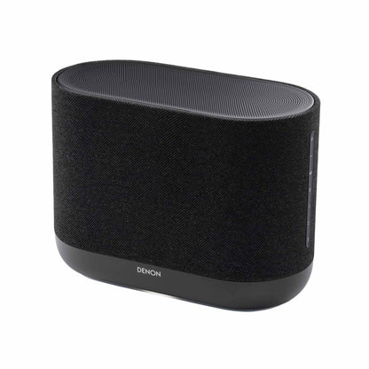 Top angle view of black Denon Home 400 wireless smart speaker on white background